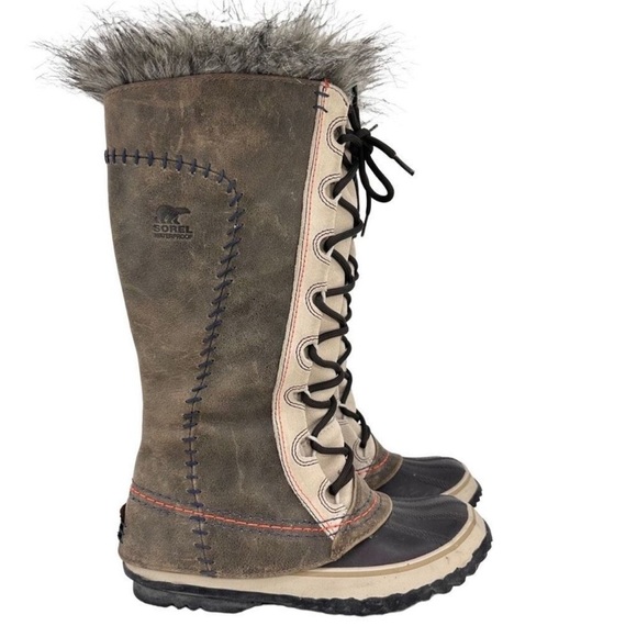 Sorel Women’s Cate The Great Brown Gray Leather Faux Fur Winter Boots Size 6 - Picture 1 of 16